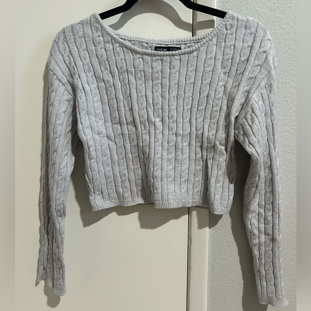 Grey cable knit sweater and shorts matching set
